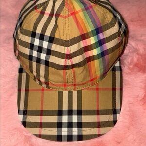 Burberry Tan Plaid Cap with Multicolor Stripes